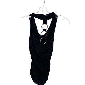 Agaci Too Black Halter Blouse Y2K Goth Open Back Vintage Size Small